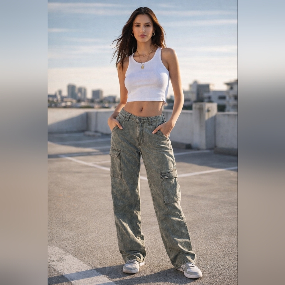 Tinseltown Green High Rise Wide Leg Cargo Pants Cozy Casual Chic Streetwear